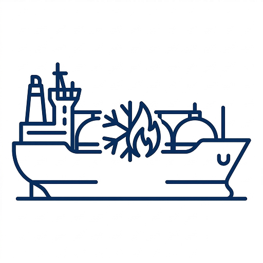 Die Umrisse eines Schiffes zeigt Schneeflocken- und Flammensymbole, die die LNG-Exportinfrastruktur und die Kapazität der natürlichen Ressourcen von British Columbia, Kanadas symbolisieren.