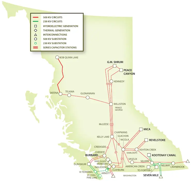 Infografik zum elektrischen Energienetz von British Columbia