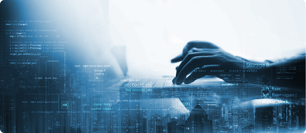 Das Bild zeigt eine Nahaufnahme von Händen, die auf einer Laptop-Tastatur tippen, vor einem Hintergrund digitaler Elemente und einer Stadtlandschaft.